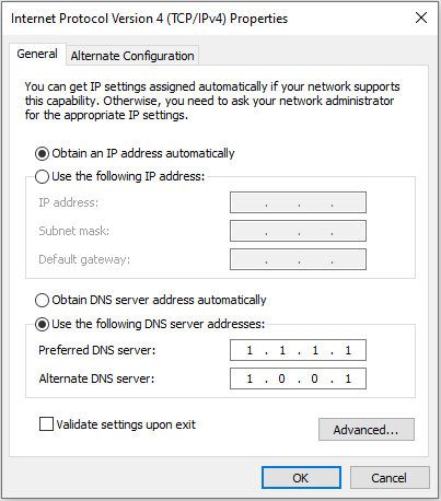 A screenshot of Internet Protocol Version 4 on Windows