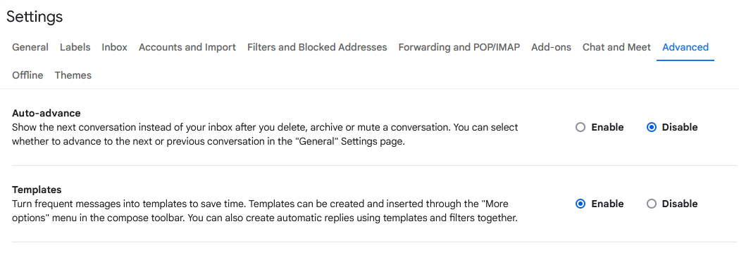 Use Canned Responses in Gmail to Save Time on Repetitive Emails Screenshot demonstrating how to enable the canned responses and templates feature in Gmail settings