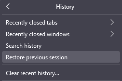 Restore previous session in Firefox browser